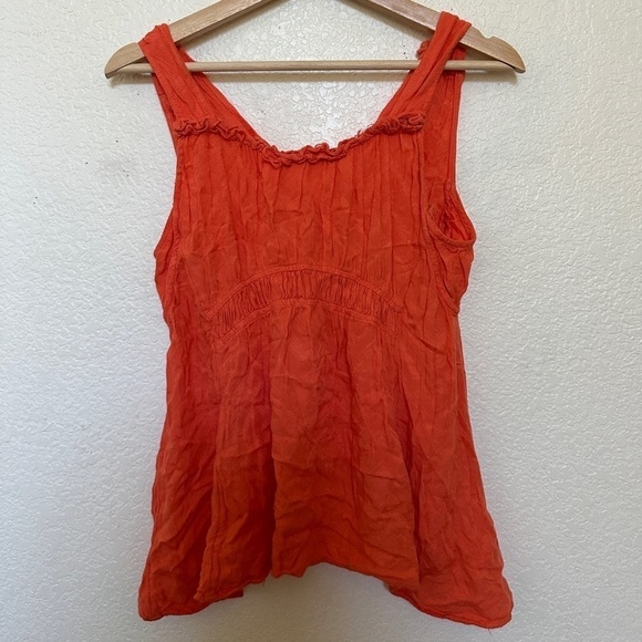 Maeve Anthro Red Orange Bretta Gathered Vneck Ruffle Babydoll Tank Top petite - Picture 6 of 9